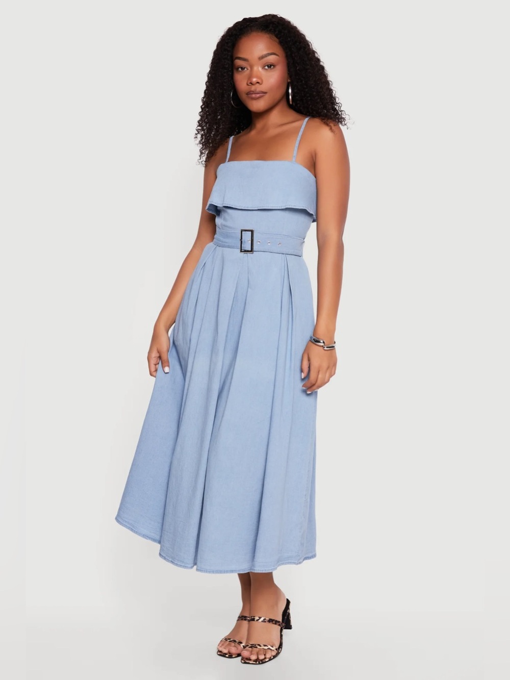 Rainbow Sky Blue Spaghetti-Strap Midi Dress with Belt